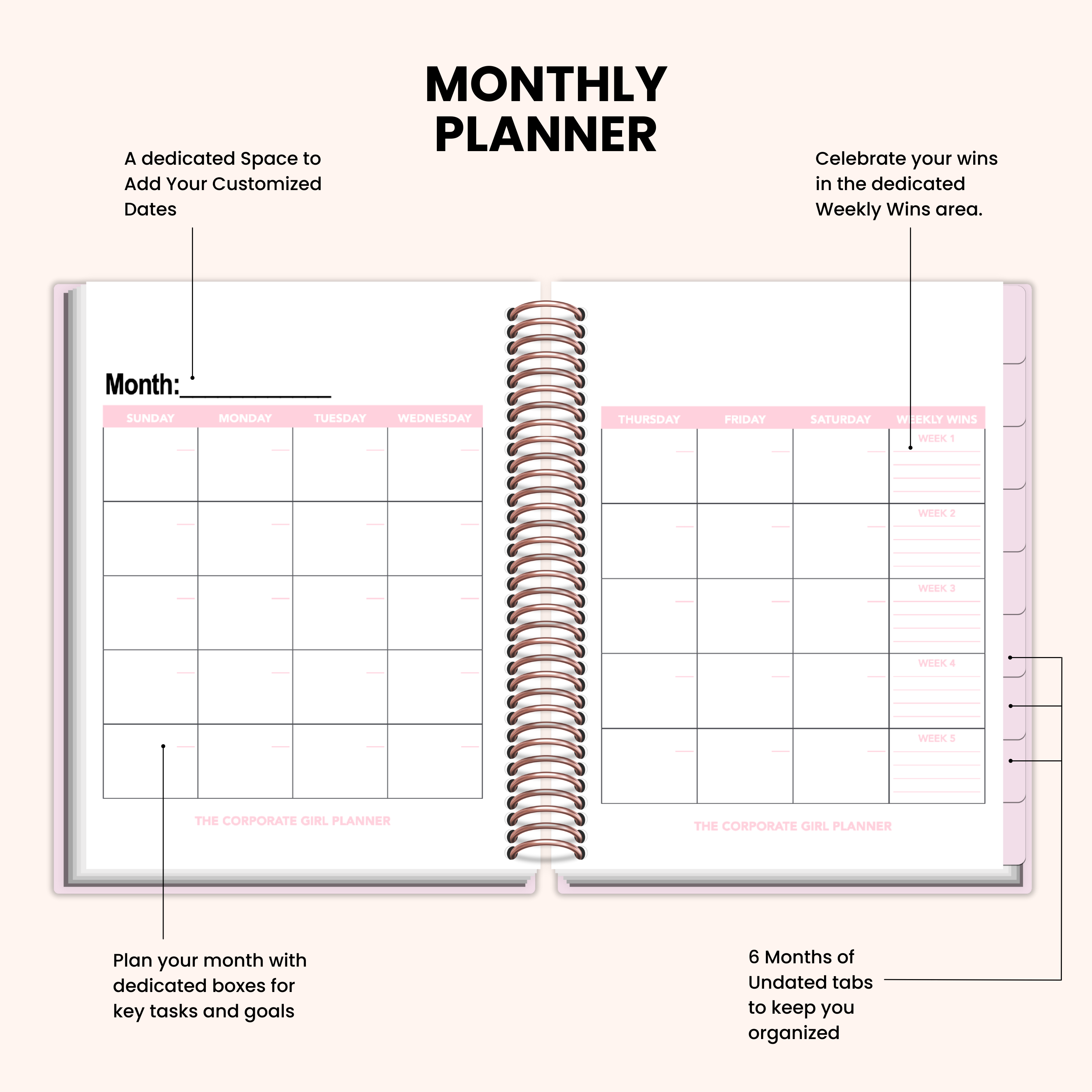 The Corporate Girl Planner, 6 month, Undated, Pink, Rosegold, 260 pages