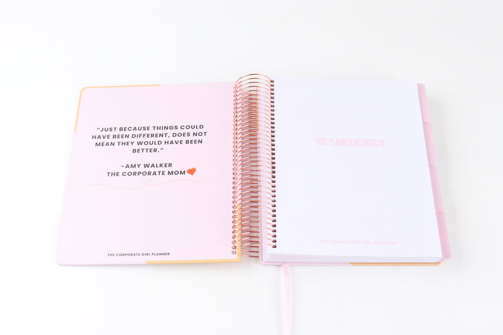 The Corporate Girl Daily Planner Undated, with stickers, meeting notes, daily dockets, birthdays to remember, notes section and a budget section. 