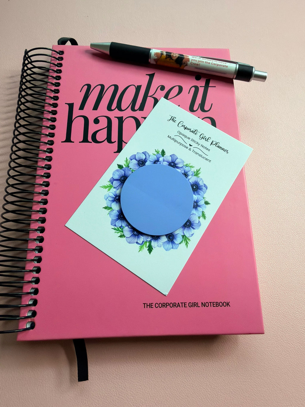 Blue Flower Sticky Note with Pink Pink Notebook 
