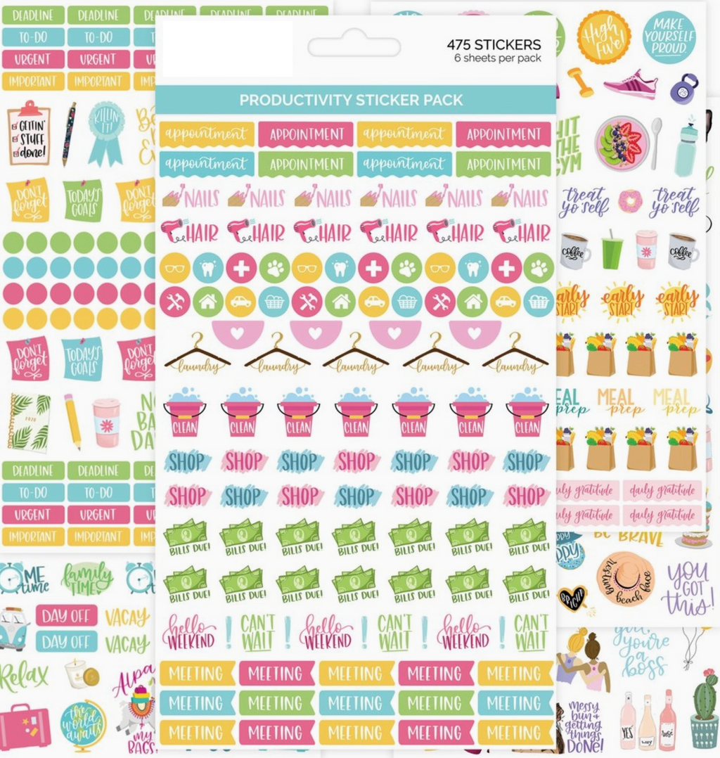 Our Productivity Stickers are the perfect mix of "fun" and "getting stuff done." Specifications & features include:

• 6 sticker sheets per pack, totaling 475 unique stickers
• 100% hand-drawn and hand-lettered icons and phrases to help decorate and enhance your planner
• Stickers include tactical elements like goal, appointment, and bill tracking plus birthday stickers, vacation stickers, and much more!