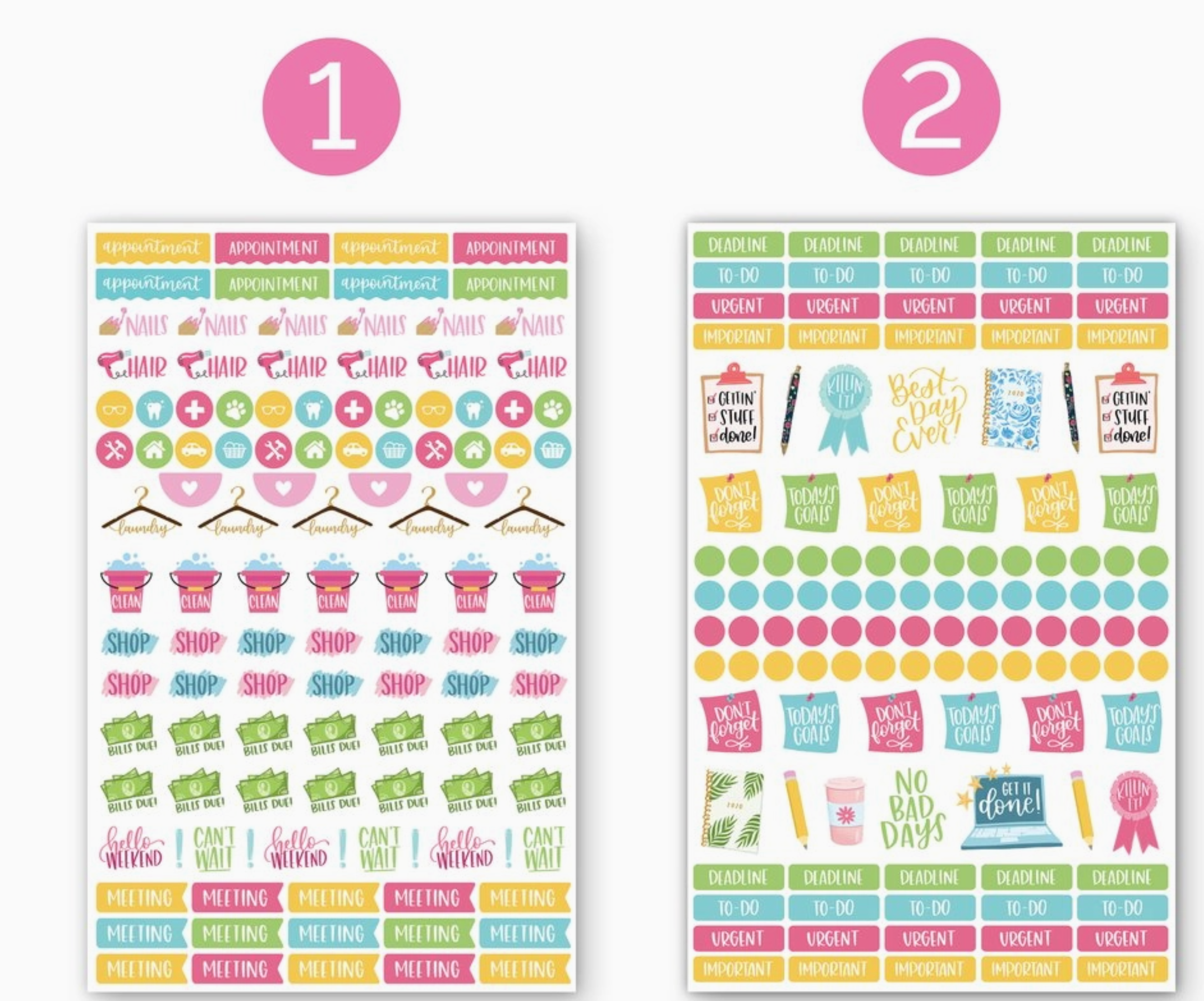 Our Productivity Stickers are the perfect mix of "fun" and "getting stuff done." Specifications & features include:

• 6 sticker sheets per pack, totaling 475 unique stickers
• 100% hand-drawn and hand-lettered icons and phrases to help decorate and enhance your planner
• Stickers include tactical elements like goal, appointment, and bill tracking plus birthday stickers, vacation stickers, and much more!