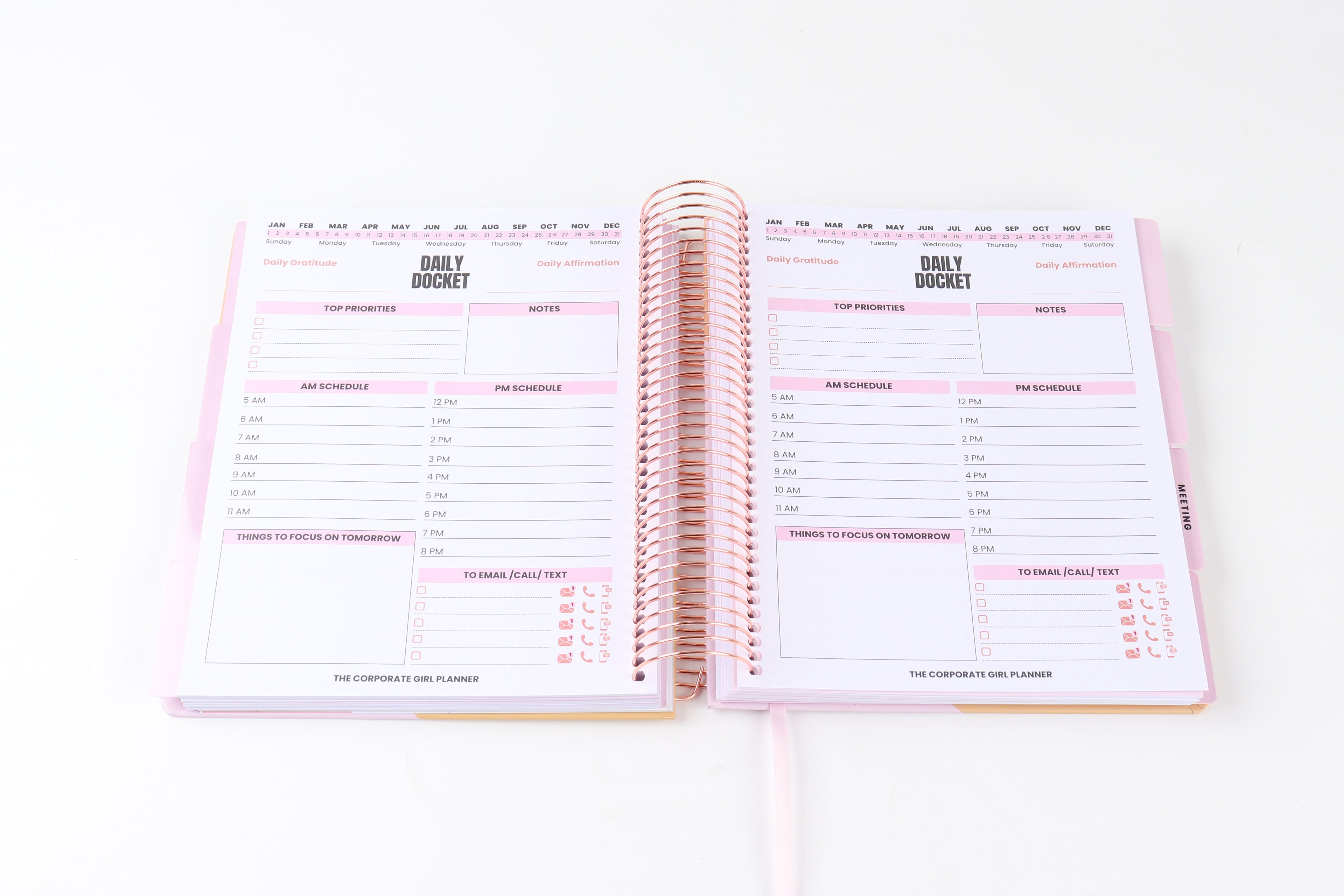 The Corporate Girl Daily Planner Undated, with stickers, meeting notes, daily dockets, birthdays to remember, notes section and a budget section. 