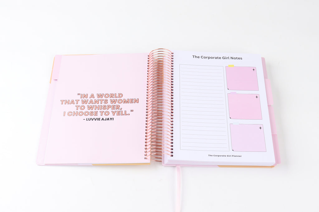 The Corporate Girl Daily Planner Undated, with stickers, meeting notes, daily dockets, birthdays to remember, notes section and a budget section. 