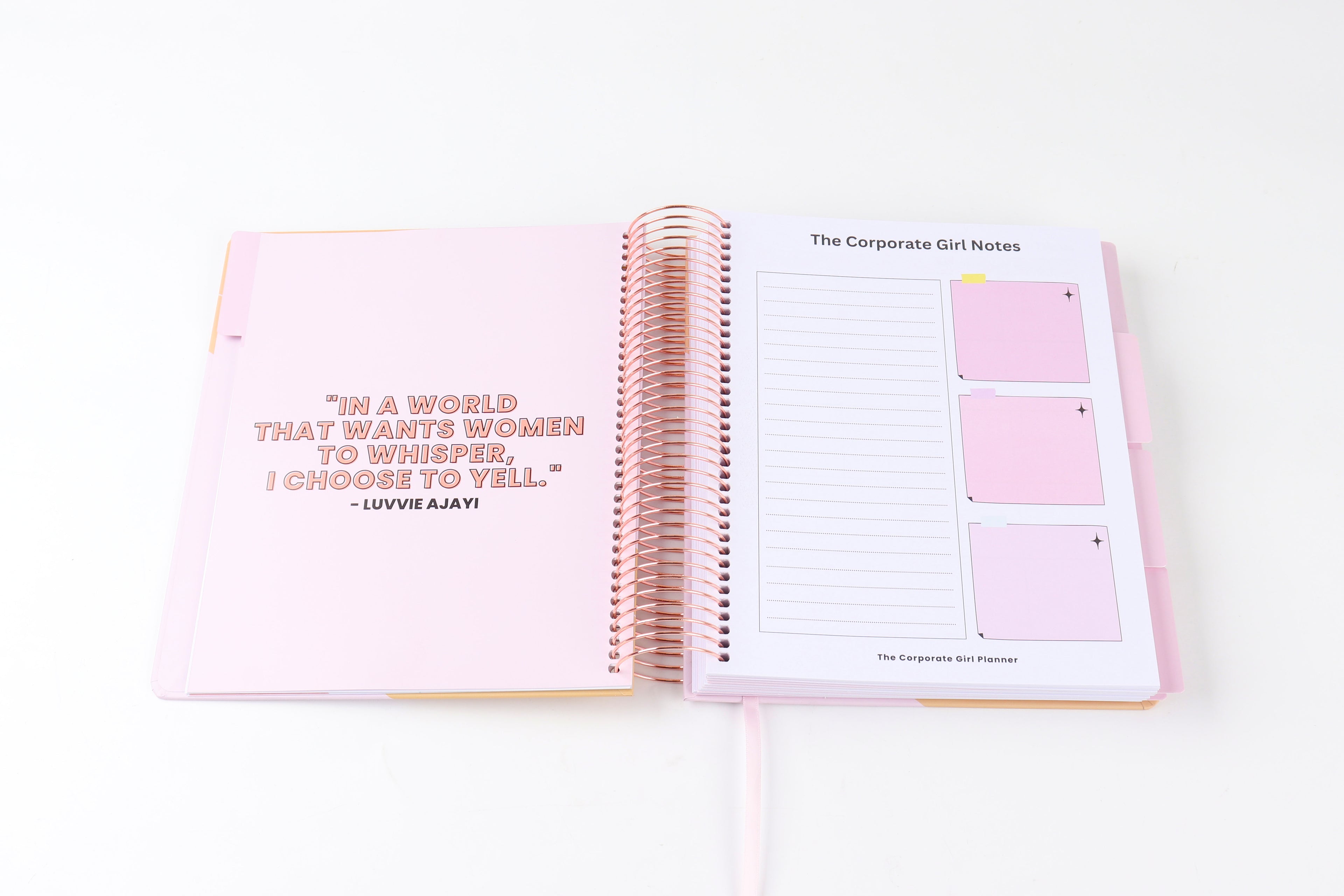 The Corporate Girl Daily Planner Undated, with stickers, meeting notes, daily dockets, birthdays to remember, notes section and a budget section. 