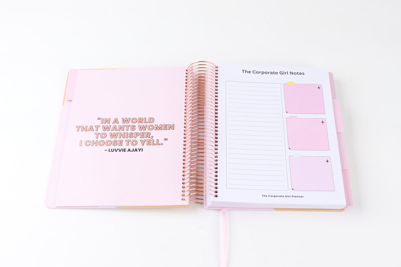 The Corporate Girl Daily Planner Undated, with stickers, meeting notes, daily dockets, birthdays to remember, notes section and a budget section. 