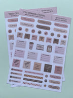 Three planner sticker sheets titled 'The Corporate Girl' arranged diagonally on a light mint green background. The stickers feature neutral tones of beige, taupe, and dusty pink with various icons, labels, and motivational phrases for productivity.