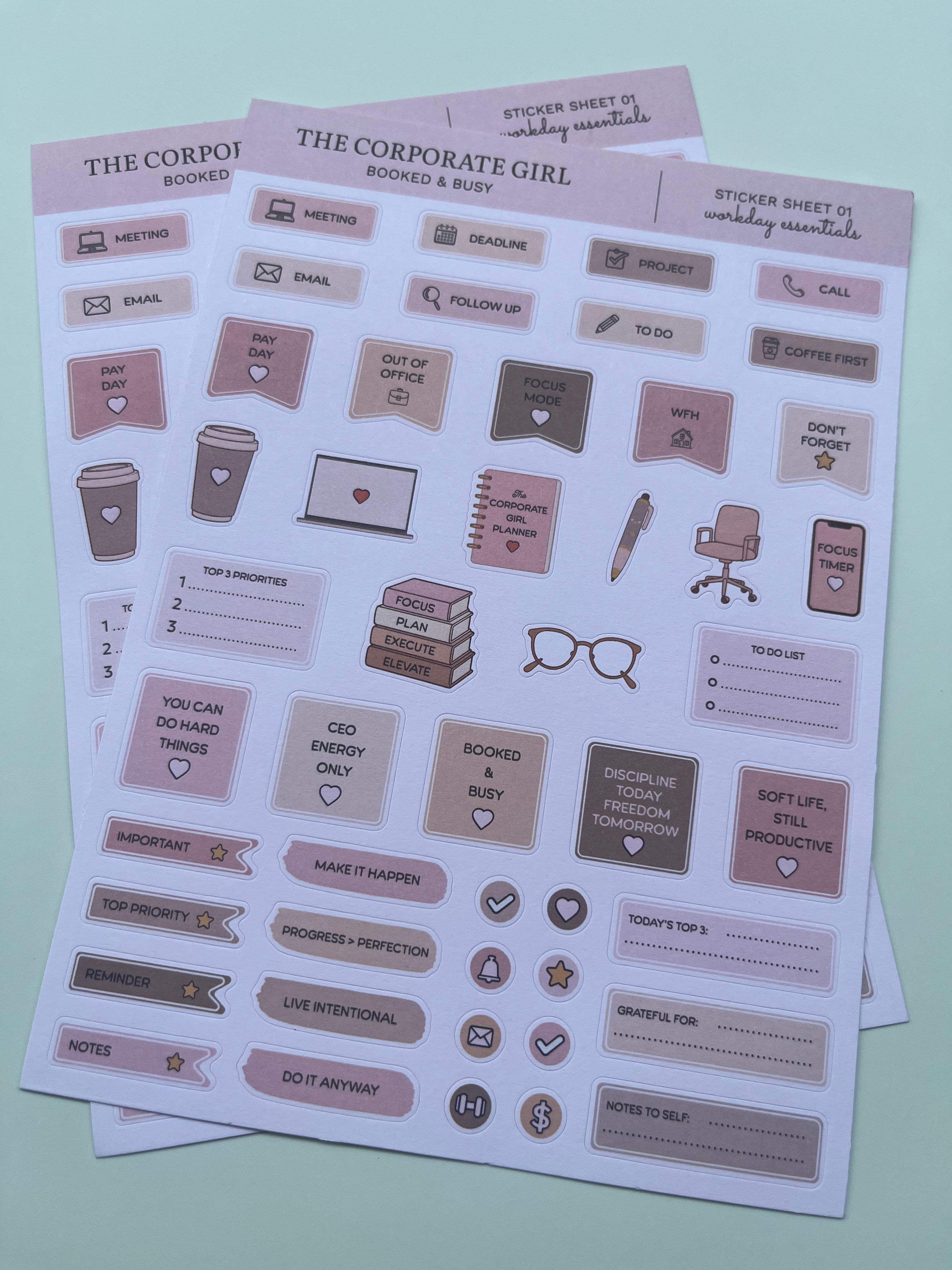 Two sheets of cute office-themed stickers on a pale mint green background. The stickers feature illustrations of coffee cups, notebooks, eyeglasses, and text labels in muted shades of pink, beige, and brown.