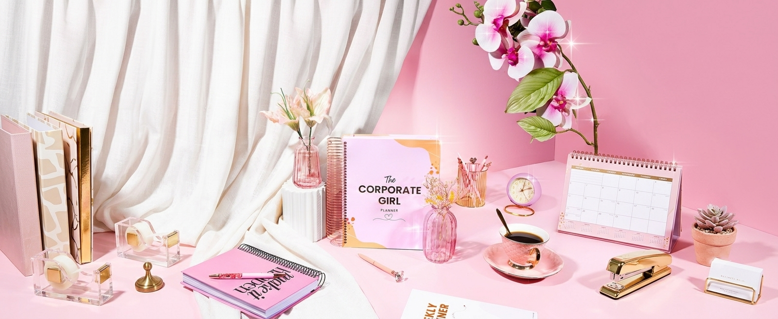 Pink office supplies including notebooks, a stapler, and a calendar on a pink surface with white curtains.