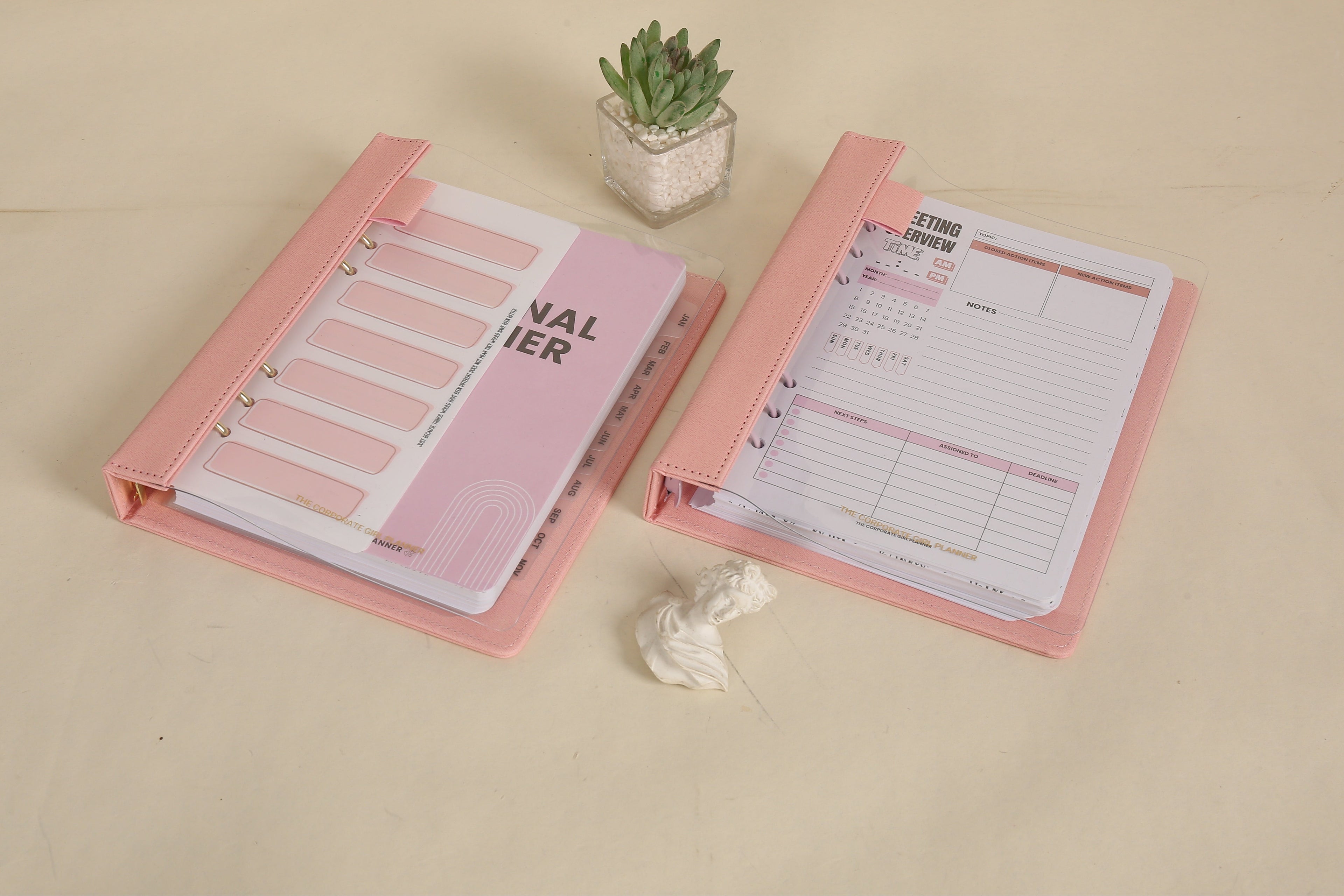 Two pink planners open on a beige surface with a small plant in the background.