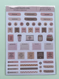 A sheet of planner stickers from The Corporate Girl sticker pack, featuring various labels, tags, and icons in muted pink, brown, and beige tones, displayed on a light mint green background.