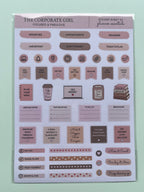 A sheet of planner stickers from The Corporate Girl sticker pack, featuring various labels, tags, and icons in muted pink, brown, and beige tones, displayed on a light mint green background.