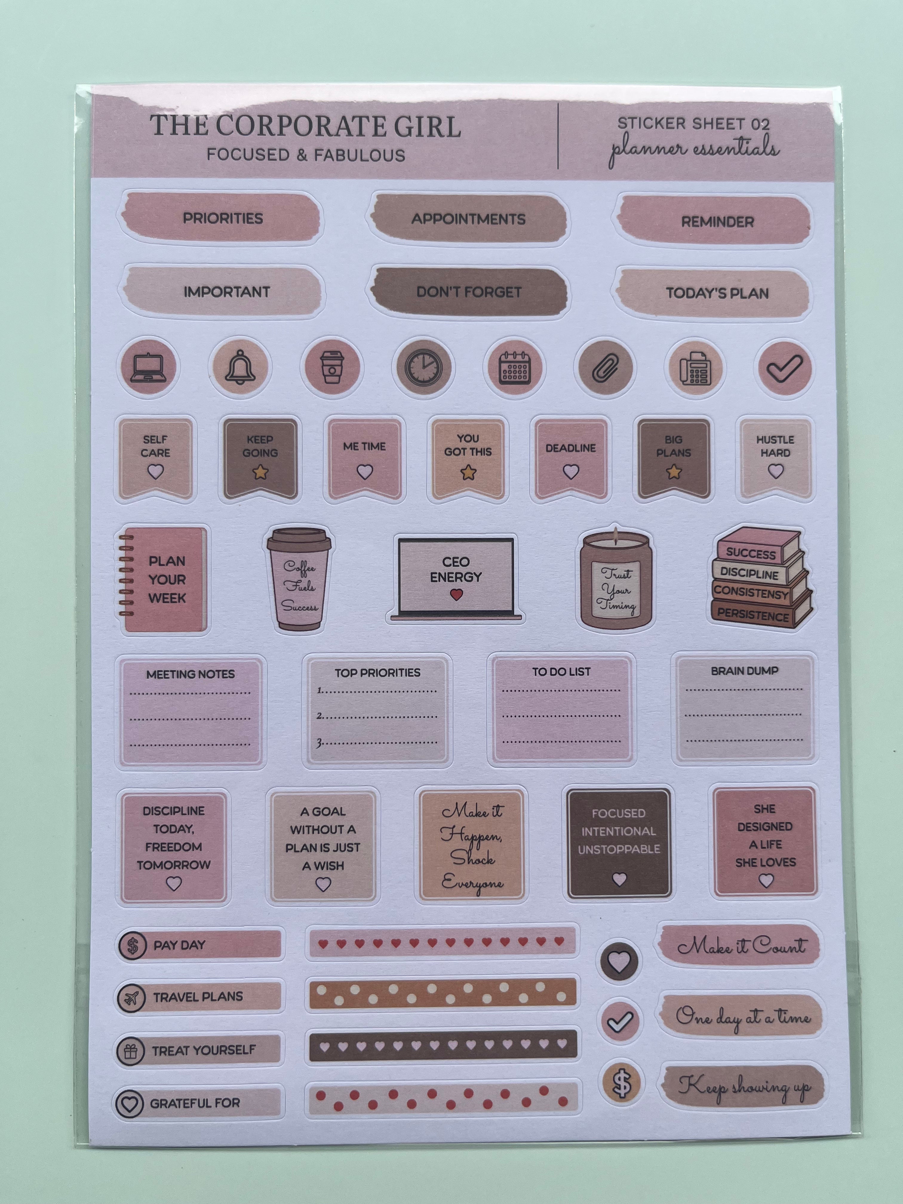 A sheet of planner stickers from The Corporate Girl sticker pack, featuring various labels, tags, and icons in muted pink, brown, and beige tones, displayed on a light mint green background.
